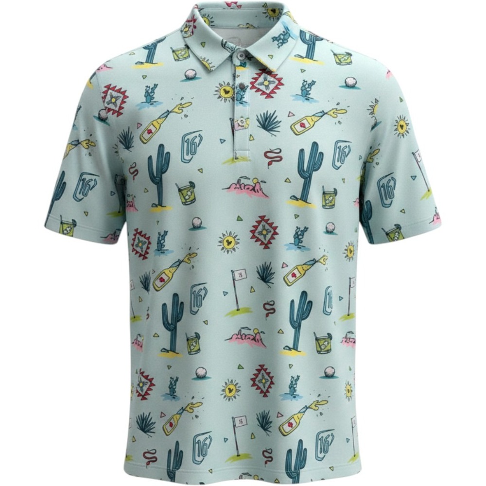 Bad Birdie Golf Polo Mens Large Blue Desert Cactus Cocktail Print Performance